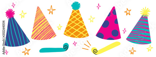 Cuadro en lienzo Hand drawn birthday party hats and party blowers horns vector illustration colle