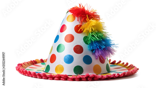 Colorful party hat with rainbow pom poms isolated on transparent background