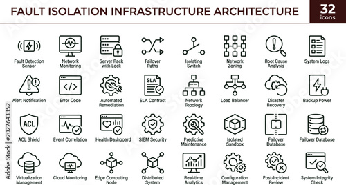 Fault Isolation Infrastructure Architecture Icon Set Featuring System Monitoring Failure Recovery and Network Reliability Concepts