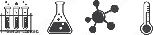 Scientific laboratory equipment including test tubes beakers molecules and thermometer icons isolated on white
