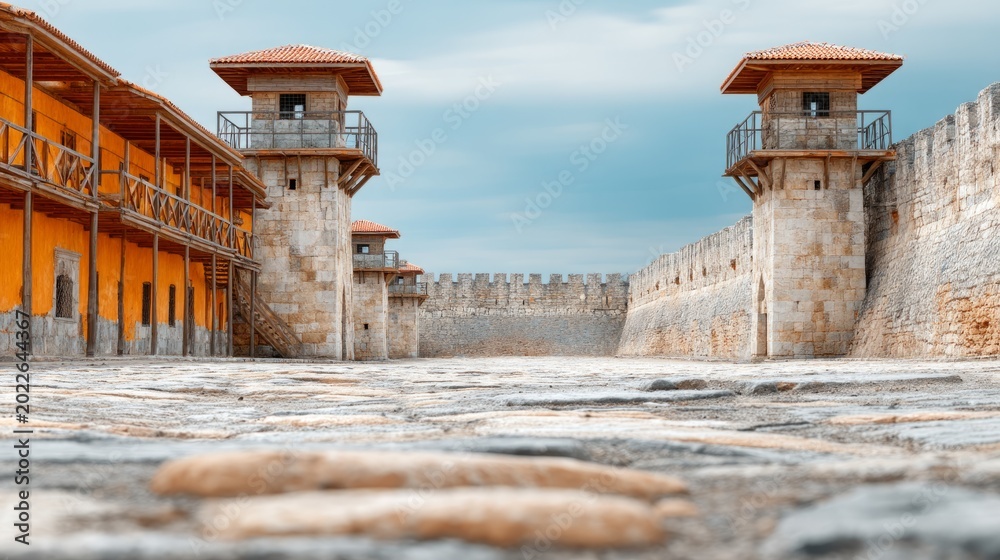 Fototapeta premium Ancient stone fortress with watch towers and wooden balcony on cloudy day