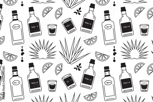 Canvas Print Tequila bottles and shots, agave plants, and lime slices pattern background, seamless illustration