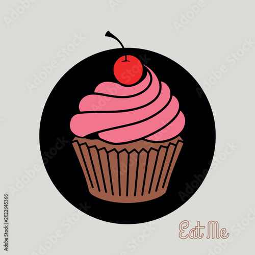 A delicious vector illustration of a set of sweet cupcakes featuring a pink birthday cake with chocolate cream and a cherry on top, perfect for a festive bakery celebration or dessert party