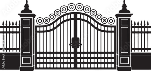 Cuadro en lienzo Ornate black wrought iron gate with decorative fence and pillars isolated on transparent background vector art