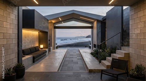 Modern Coastal Architecture View at Sunset or Twilight