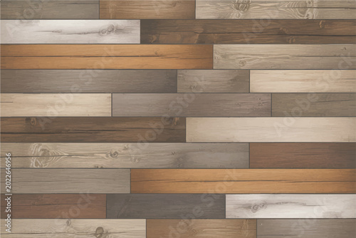 Fotografie Multi colored wood plank wall background with various shades of brown and grey timber boards for modern interior decoration style