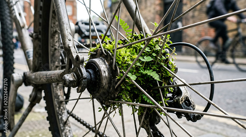 Abandoned urban bicycle wheel, lush with green plants, symbolizes nature's resilient reclaim and the quiet beauty of sustainable life within city decay