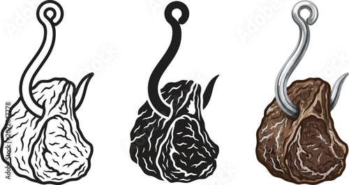 Cuadro en lienzo Collection of fishing hooks with raw meat bait presented in outline silhouette a