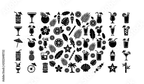 Tableau sur toile Tropical cocktail and tiki silhouette vector icons with beverage garnishes flowe