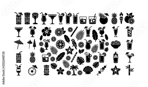 Konstfotografi Black tiki cocktail silhouette collection with tropical beverages masks citrus g