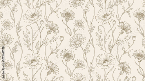 Fotografie Botanical Ink Drawing Floral Hand Drawn Background Detailed Antique Warm Tone Cr
