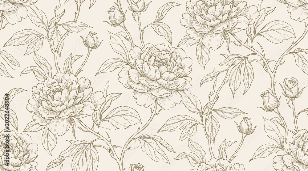 Fototapeta premium Ink Drawing Botanical Floral Hand Drawn Background Detailed Antique Warm Tone Cream Sepia Art Print Book Illustration Illustration Timeless Herbarium Naturalist