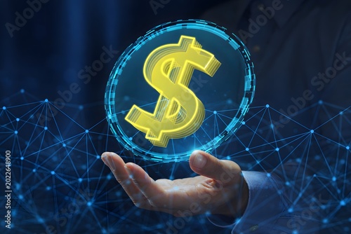 USD stablecoin or digital dollar. Cryptocurrency tokens on blockchain networks. Business person holding $ sign.