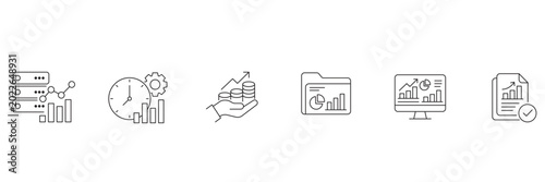 Data analytics and business management thin line icon set including server statistics productivity growth financial charts and report symbols.