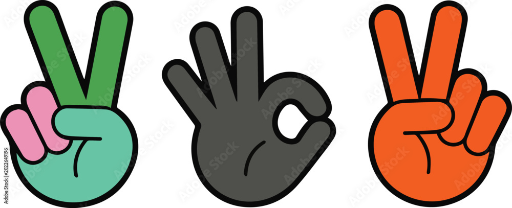 Fototapeta premium colorful cartoon hands making peace signs in different colors and styles