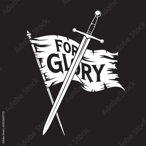 Bild auf Leinwand Crossed medieval swords with tattered battle flag bearing for glory text inscription