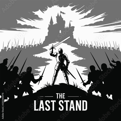 Obraz na płótnie Last stand of lone medieval knight facing massive army in front of sunlit castle silhouette