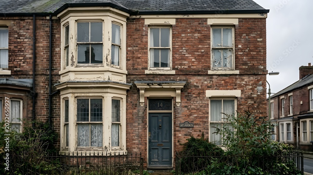 Fototapeta premium Vintage British Terraced House Exterior on Overcast Day