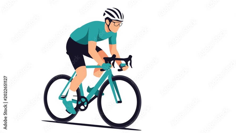 Naklejka premium Athletic cyclist wearing a helmet and sunglasses riding a bicycle at high speed on a white background.
