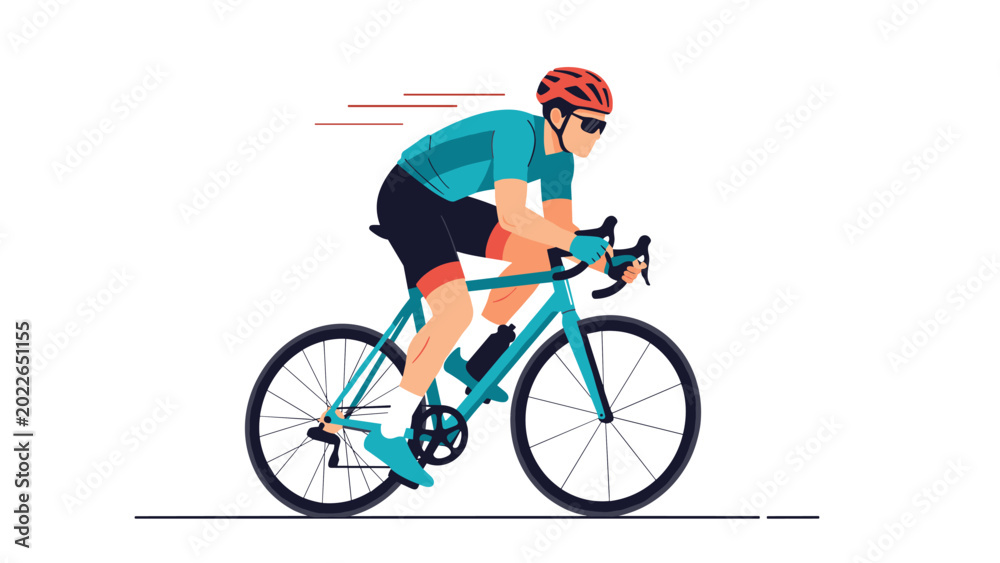 Naklejka premium Professional cyclist in a teal jersey and helmet riding a racing bike with speed lines on a white background.
