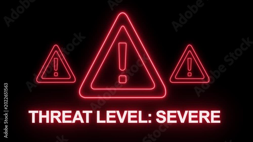 Neon red glowing warning sign with exclamation mark symbol and bold text displaying threat level severe for cybersecurity alerts, digital emergency notifications, system security breach, and data