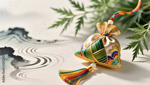 Dragon Boat Festival traditional sachet and colorful silk thread oriental background