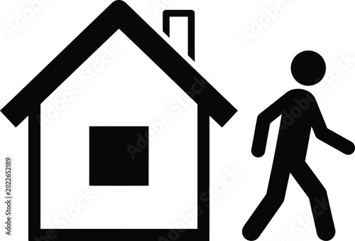Black silhouette of a person walking towards a house