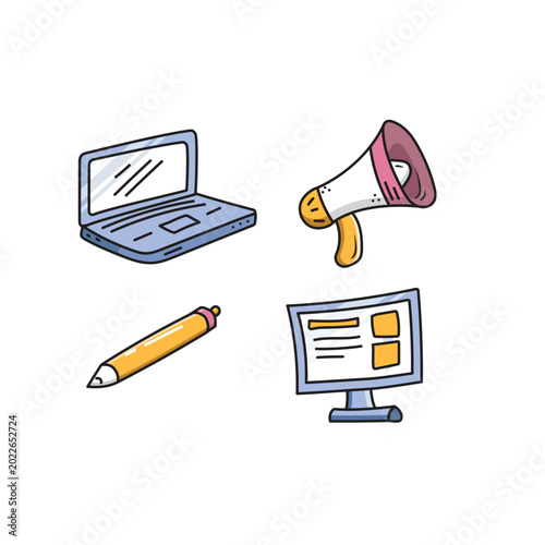 Office stuff cute doodle vector sticker collection