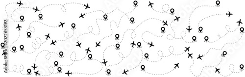 set of Route location icon, Airplane with curved dotted flig two-pin sign and dotted line. map path distance icon, pinpoint, map search, route, Route icon, two points with dotted path and location pin
