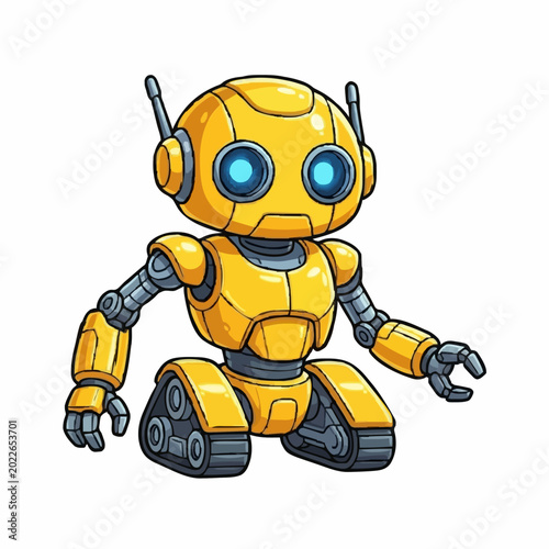 Cute yellow robot with blue glowing eyes and antenna, on tracks, cartoon style