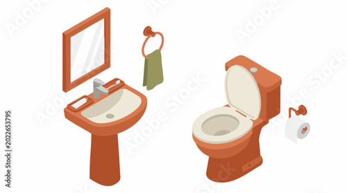 Foto Isometric bathroom furniture set: washbasin with mirror and toilet illustration