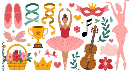 Foto ballet themed illustration with pointe shoes ribbons and musical instruments on