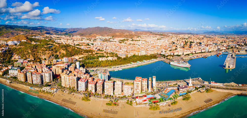 Fototapeta premium Malaga city port aerial panoramic view in Andalusia