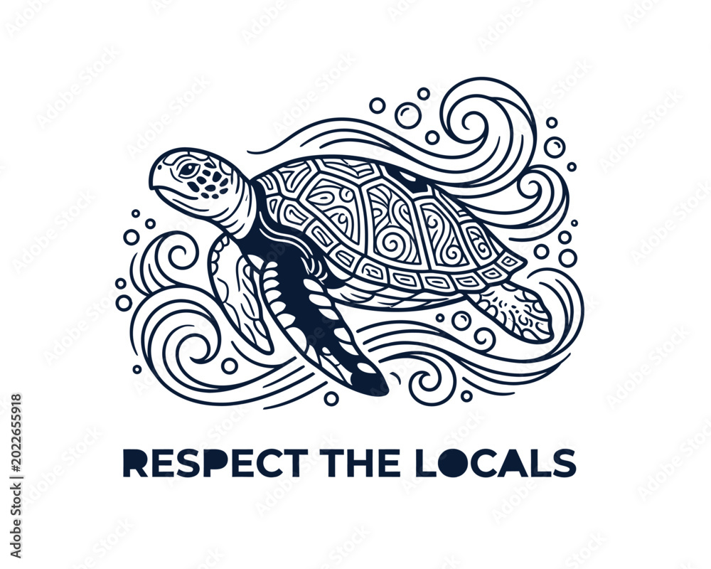 Fototapeta premium Decorative sea turtle with bubbles and text respect the locals isolated on transparent background art.