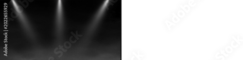 Konstfotografi Three white light beams shining through thick smoke on dark backdrop isolated on transparent background overlay