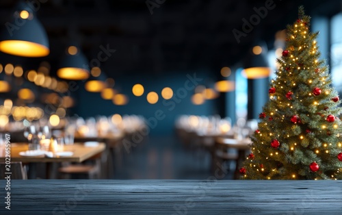 Festive Christmas tree with glowing lights in cozy modern restaurant