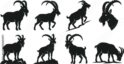 Mountain goat silhouette collection for wildlife logos, hunting club branding, outdoor sports emblems, and nature adventure design