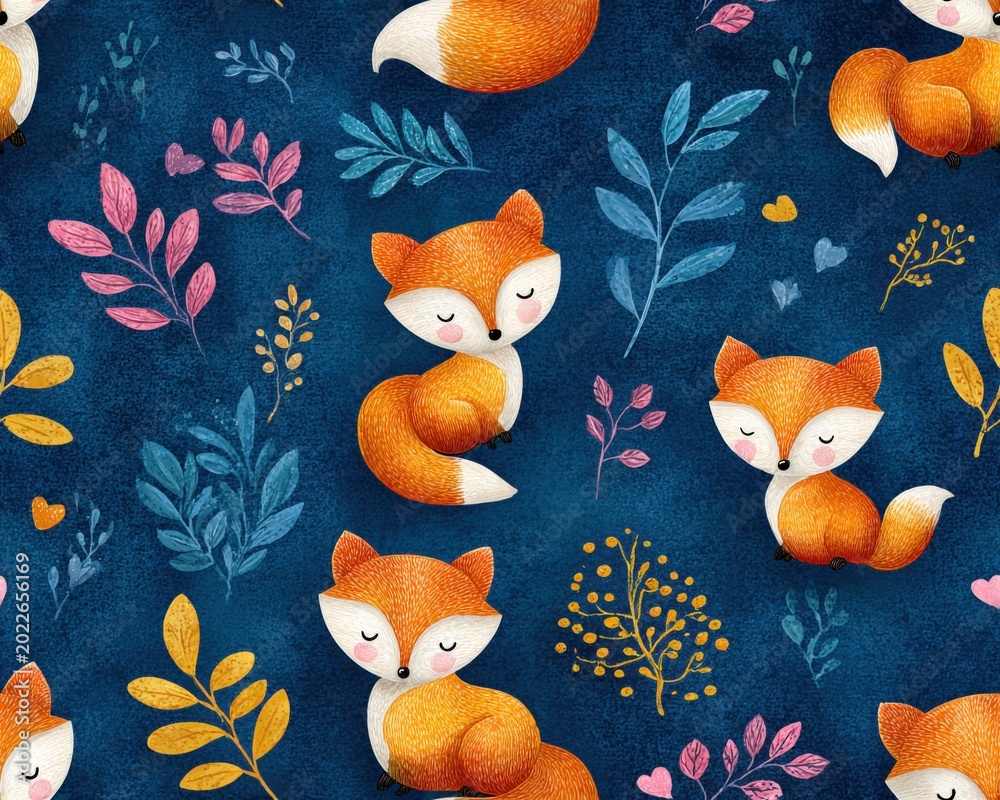 Naklejka premium Adorable Seamless Pattern of Cute Cartoon Foxes and Autumn Foliage on Deep Blue Textured Background