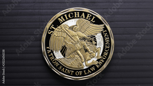 A challenge coin or medal for American police featuring Saint Michael, who protects the military, judges, police officers, and all who stand for justice