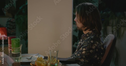 Kid Spend Time with Uncles. Friends Have a Home Party Dinner. 4K 10-bit