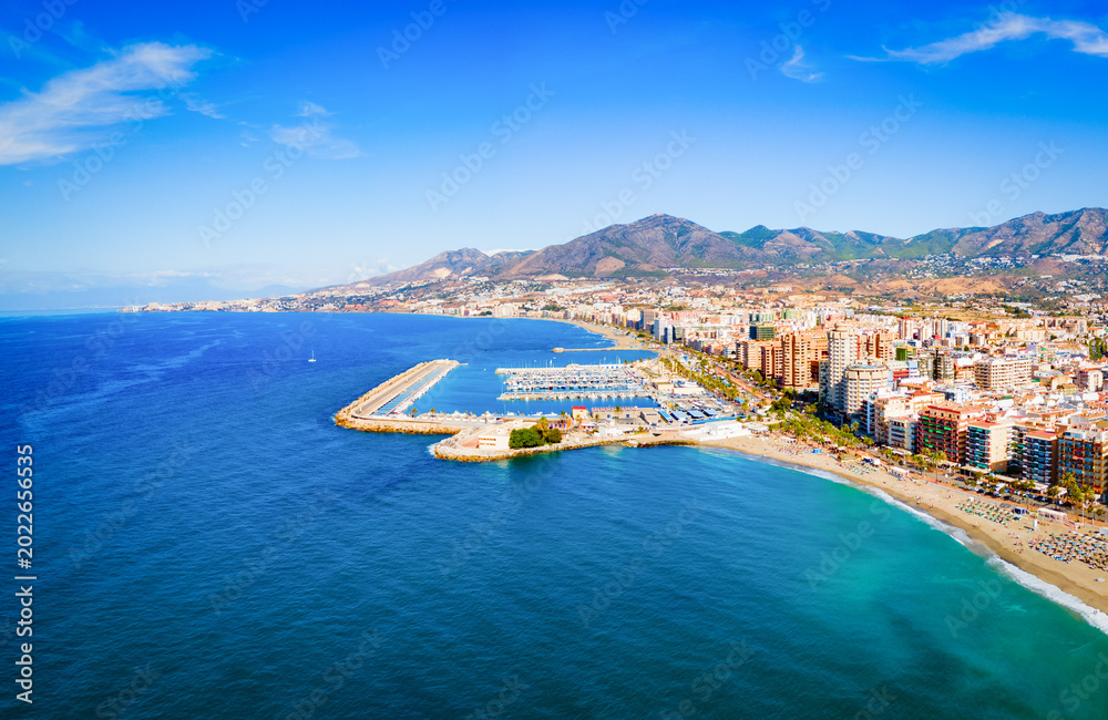 Obraz premium Fuengirola city beach and port aerial panoramic view