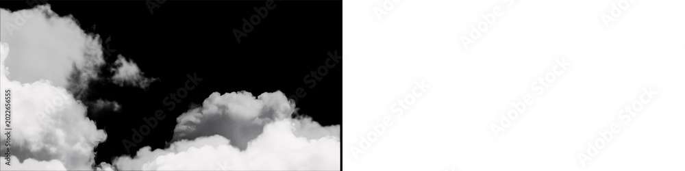 Fototapeta premium White smoke on black background for alpha channel effect and white cumulus clouds on a transparent background.