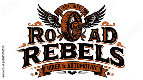 Road Rebels Biker & Automotive Logo with Wings, Wheel, and Skull
