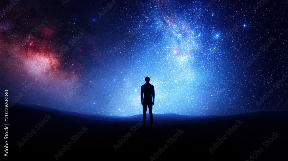 Obraz premium Lone silhouette gazes in awe at a vast, luminous galaxy and nebulae under a starry night sky