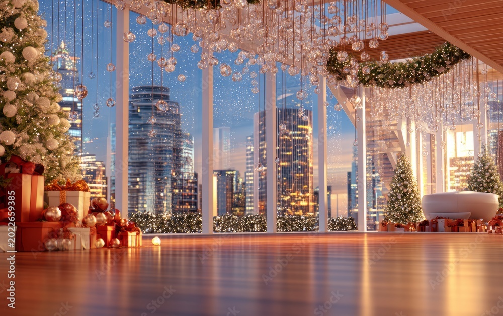 Fototapeta premium Modern Living Room with Festive Christmas Decorations and Urban City View