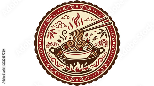 Steaming Hot Noodle Bowl with Chopsticks, Asian Food Illustration