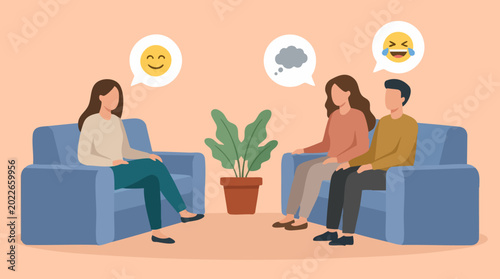 Foto People in counseling session with thought bubbles showing emotions