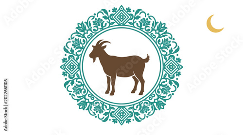Quadro em tela Brown Goat in Circular Green Pattern.
