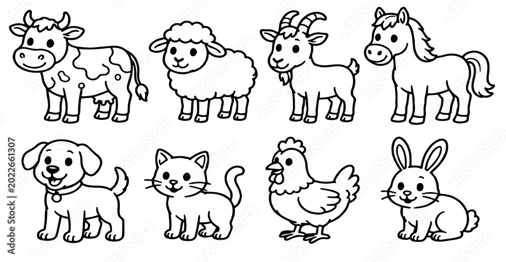 Fototapeta premium Hand-drawn farm and pet animals line art illustration set