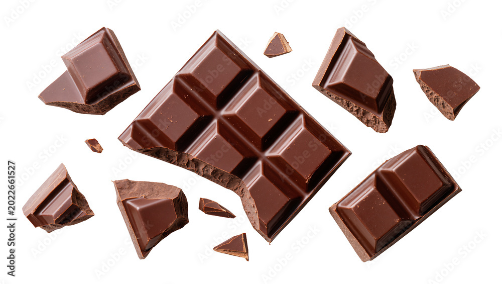Obraz premium Dark chocolate bar pieces scattered, isolated on transparent background